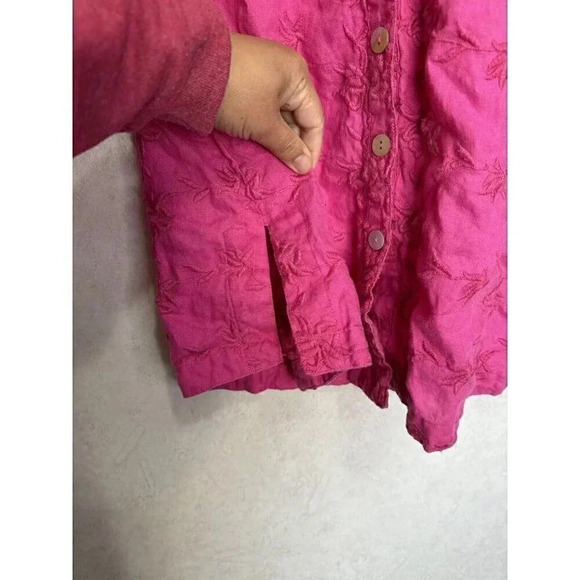 JOHN MARK Women 100% Linen Pink Embroidered Floral Button Down Shirt Top Small - Picture 8 of 9